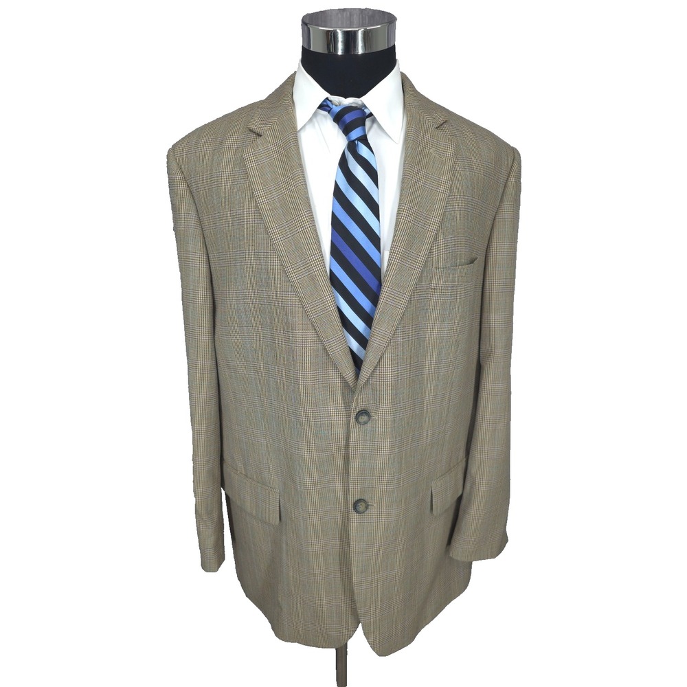 Joseph & Feiss Gold Blazer Mens 48L‎ Brown Glenplaid Sports Coat 2 Buttons Wool